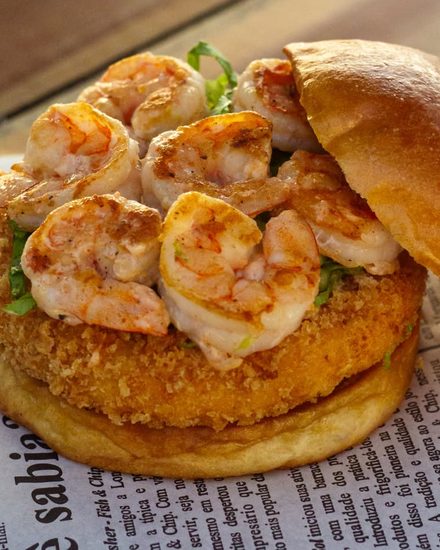 Marine Sandwich at Sir Fisher: brioche bun with sauteed prawns over breaded cream cheese